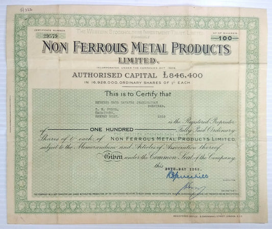 India Non Ferrous Metal Products Ltd 1952 share certificate
