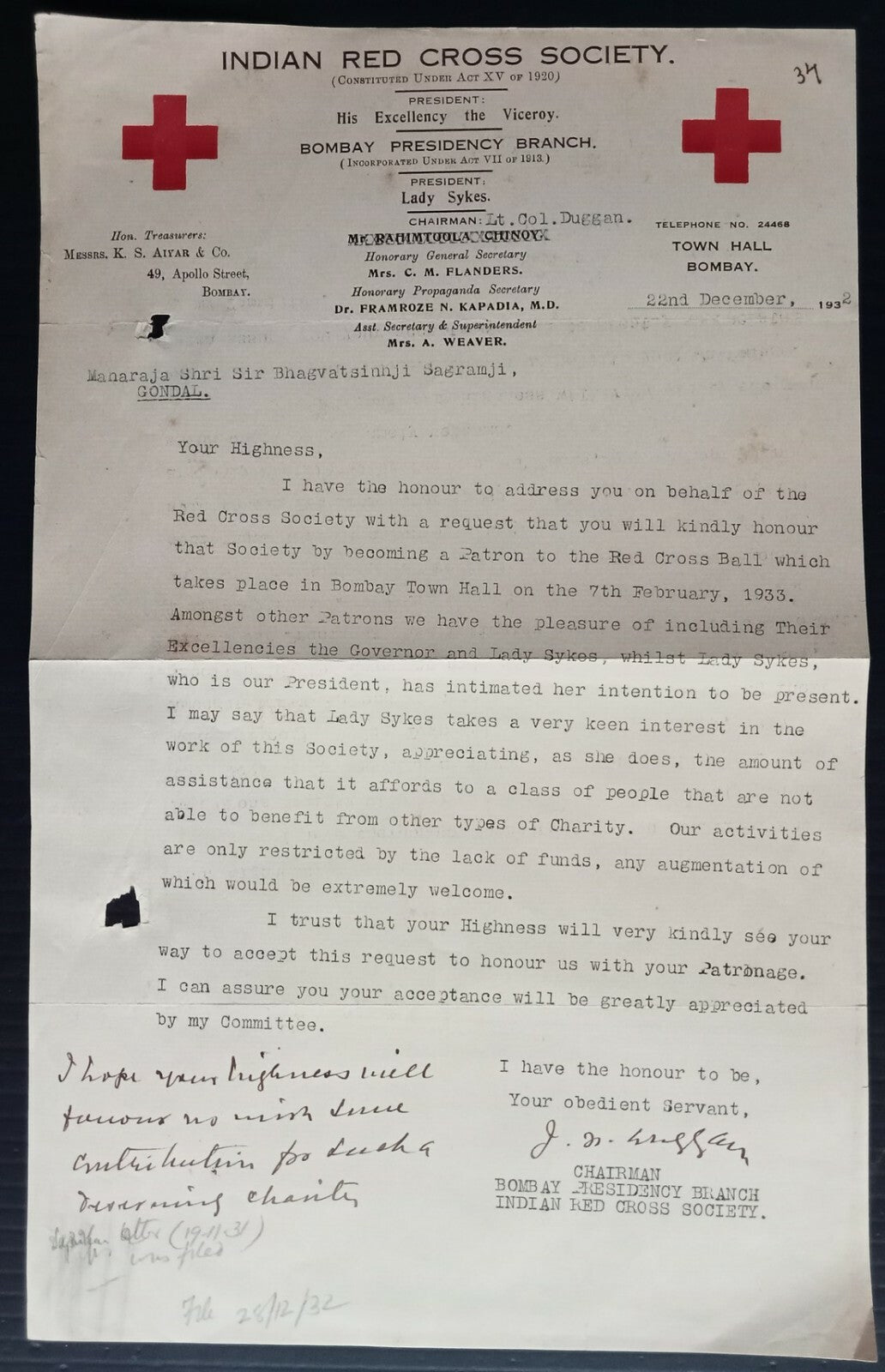 AOP India 1932 Indian Red Cross Society, Bombay Pres. Lady Sykes letterhead
