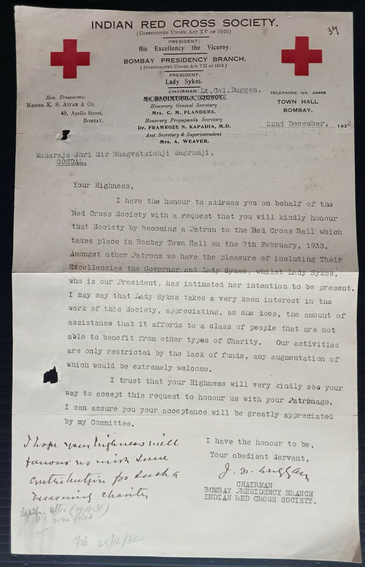 AOP India 1932 Indian Red Cross Society, Bombay Pres. Lady Sykes letterhead