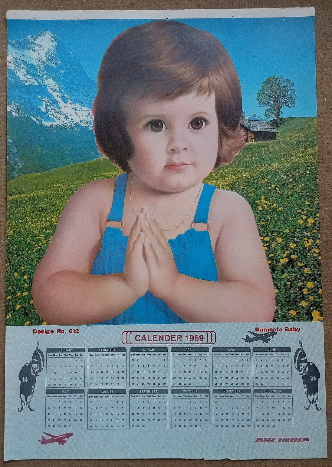 AIR INDIA 1969 poster calender 612 - NAMESTE BABY -R