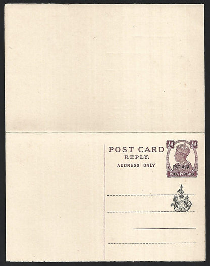 India Patiala State KGVI 1/2a+1/2a reply postal card unused