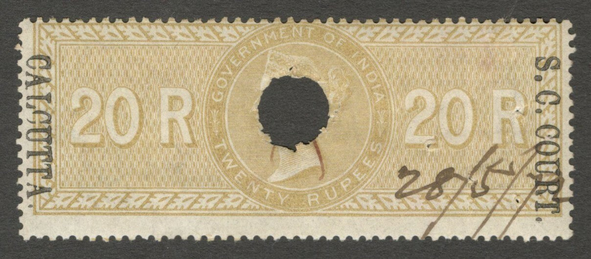 AOP India 1868-69 S C COURT CALCUTTA ovpt on SPECIAL ADHESIVE 20R used. Bft 62
