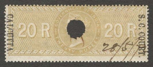 AOP India 1868-69 S C COURT CALCUTTA ovpt on SPECIAL ADHESIVE 20R used. Bft 62
