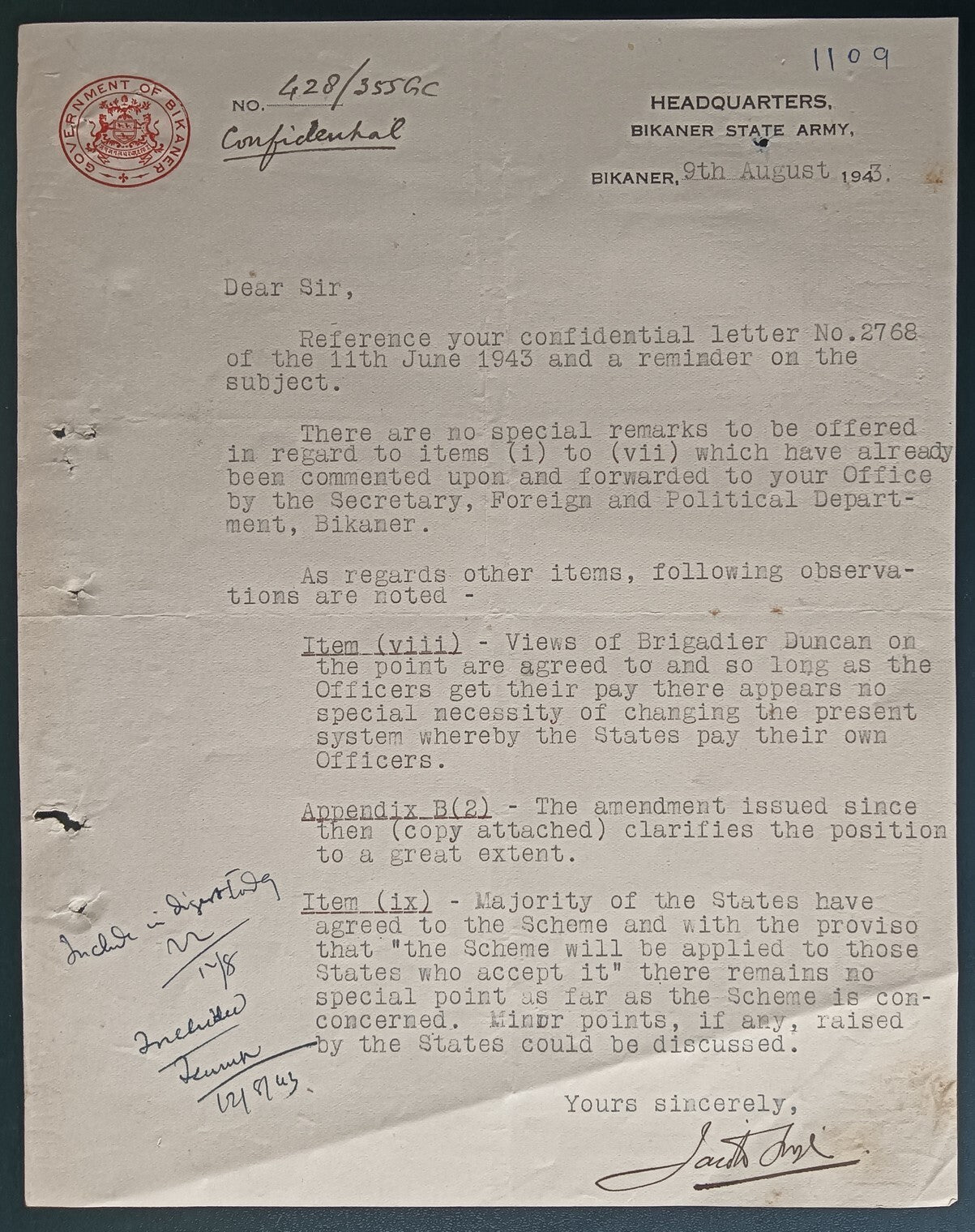India 1943 crested letter BIKANER STATE ARMY HEADQUARTERS