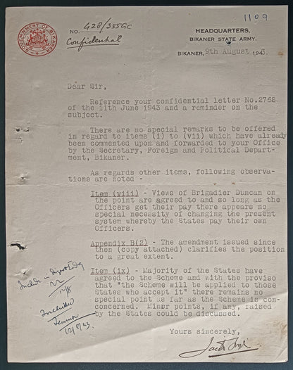 India 1943 crested letter BIKANER STATE ARMY HEADQUARTERS