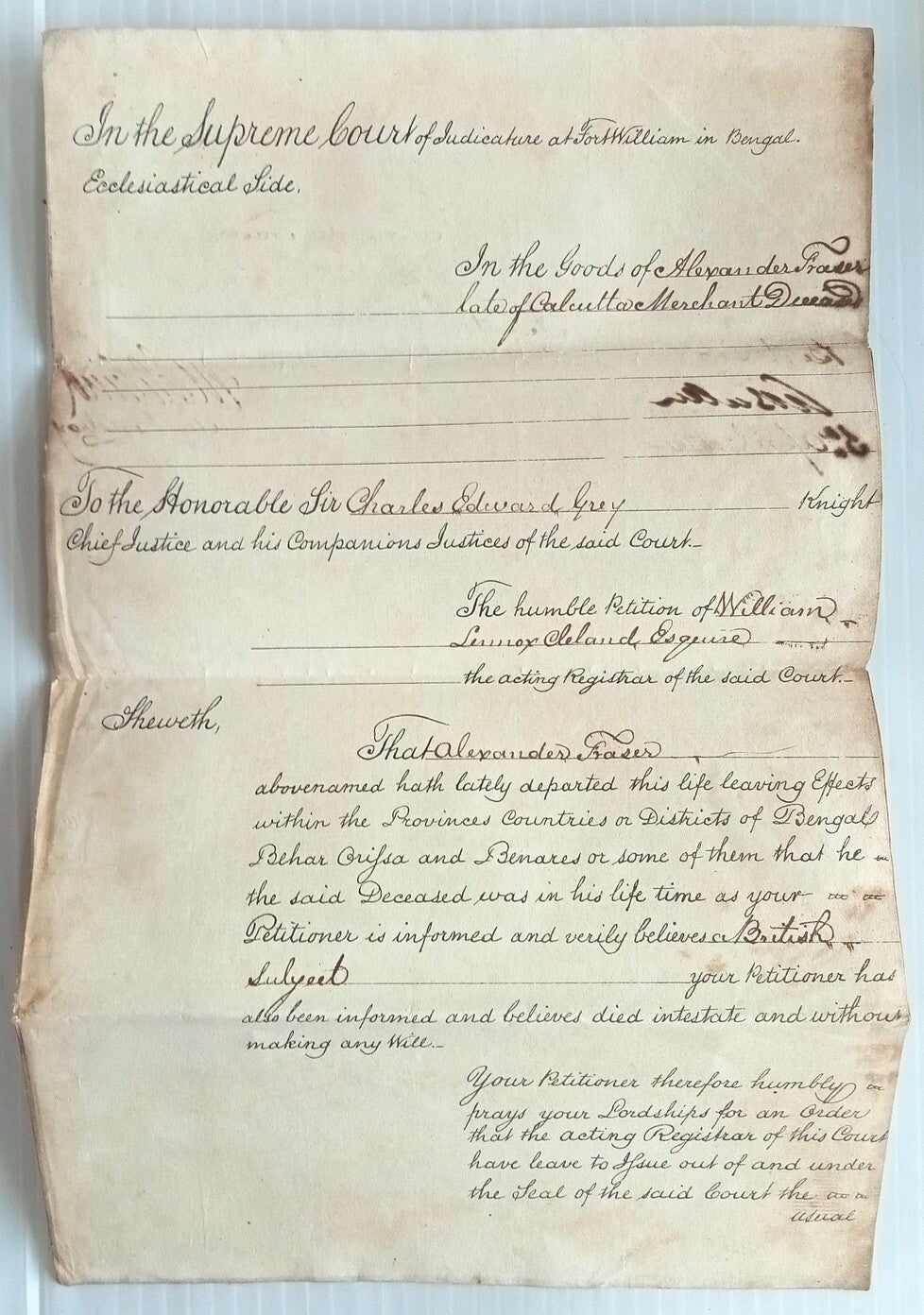 AOP India 1826 Supreme Court, Fort Williams, Calcutta document