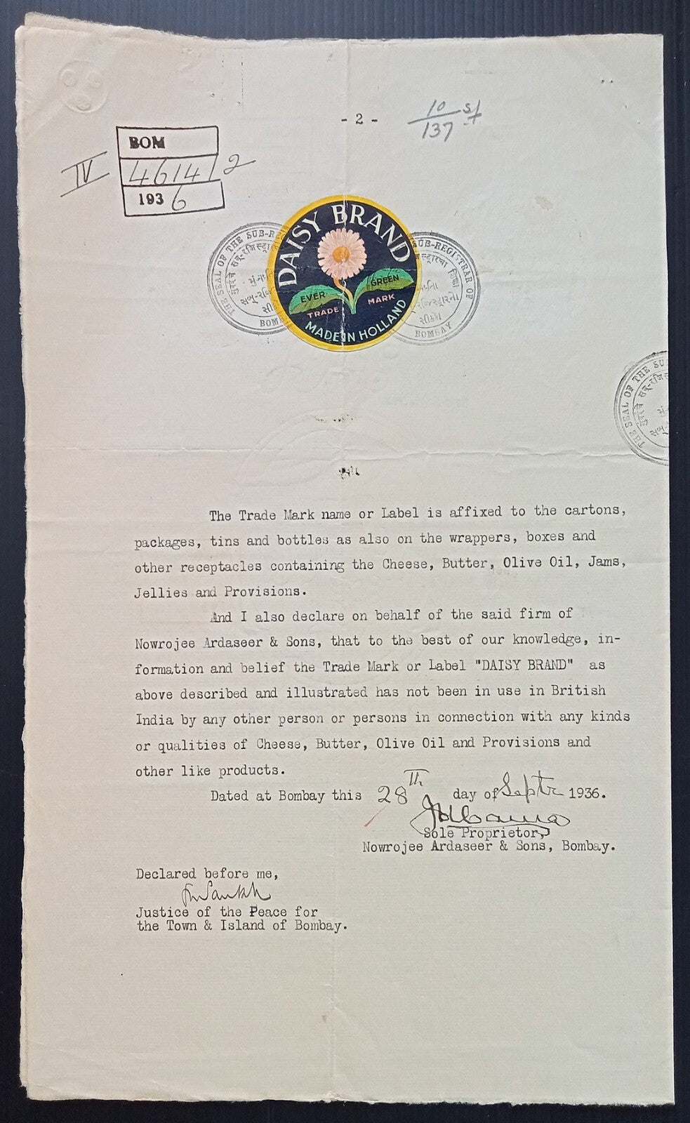 (AOP) India 1936 Daisy Brand (Holland) trade mark registration document with lab