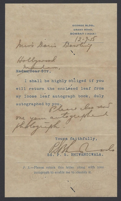 SA 1955 cover & letter to Doris Dowling from India various UNCLAIMED cachets