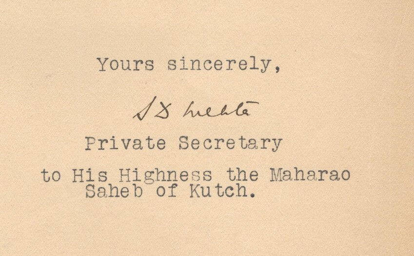 India 1932 crested letter PRIVATE SECRETARY'S OFFICE KUTCH STATE signed