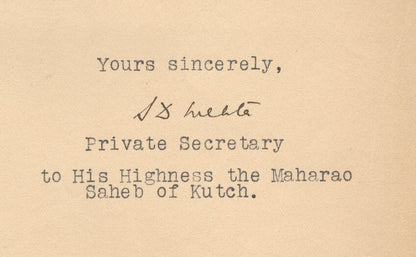 India 1932 crested letter PRIVATE SECRETARY'S OFFICE KUTCH STATE signed
