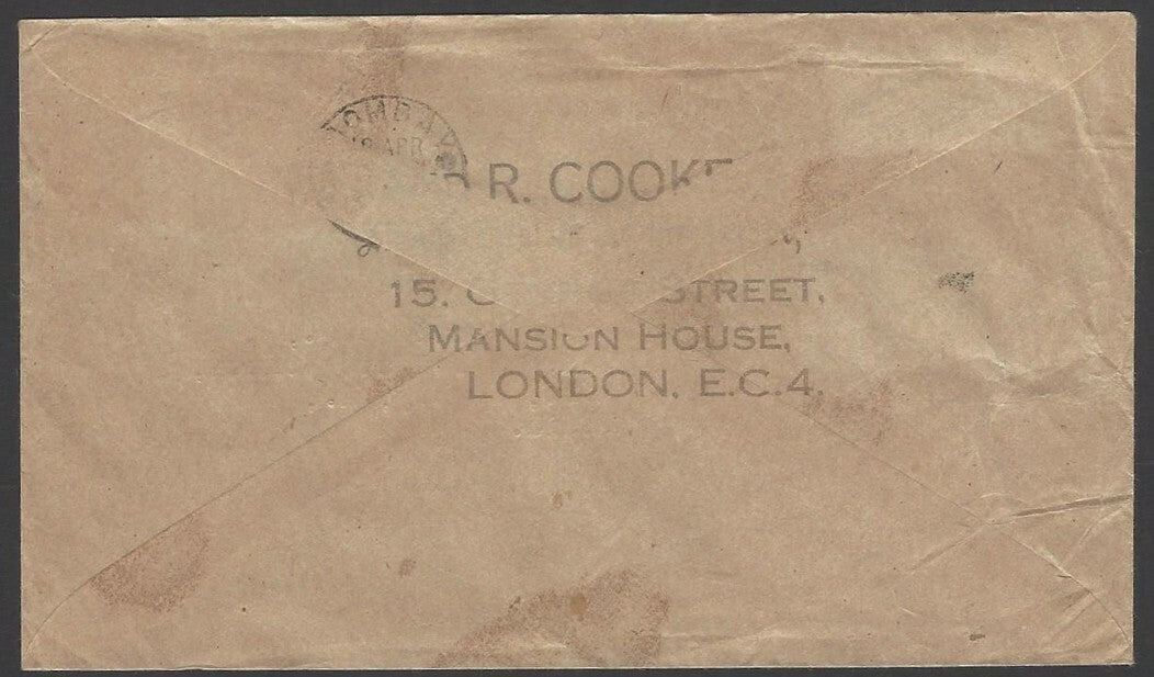 TANGIER KGVI 1 1/2d & GB KGV 2 1/2d used on cover London to India