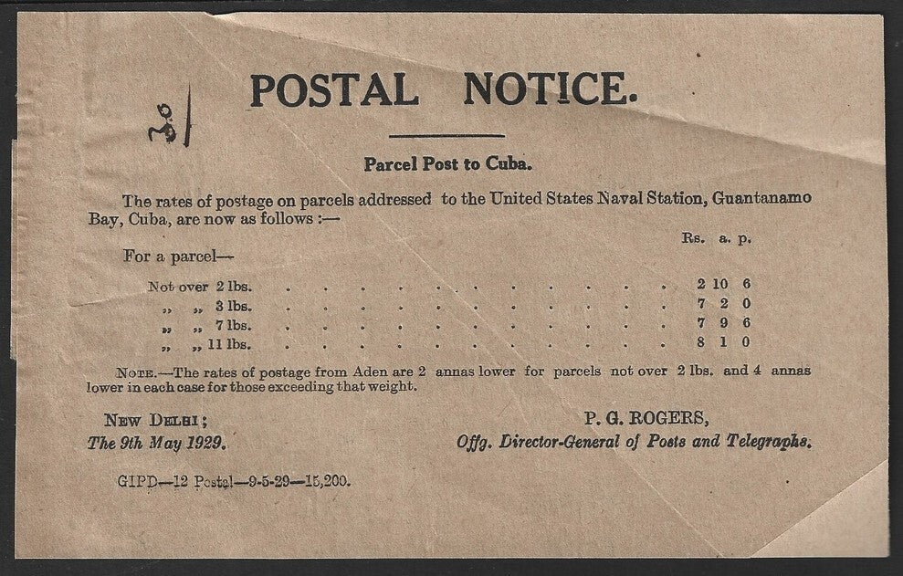 India POSTAL NOTICE 9th May 1929 Parcel Post