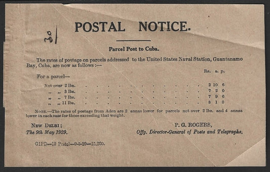 India POSTAL NOTICE 9th May 1929 Parcel Post