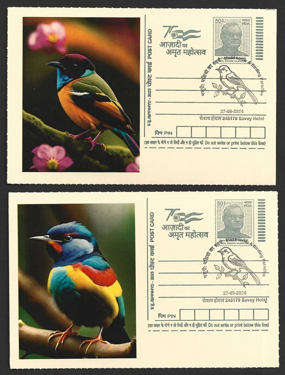 India 2024 Birding Paradise Savoy Hotel postmark cards MULTICOLORED BIRDS (8)