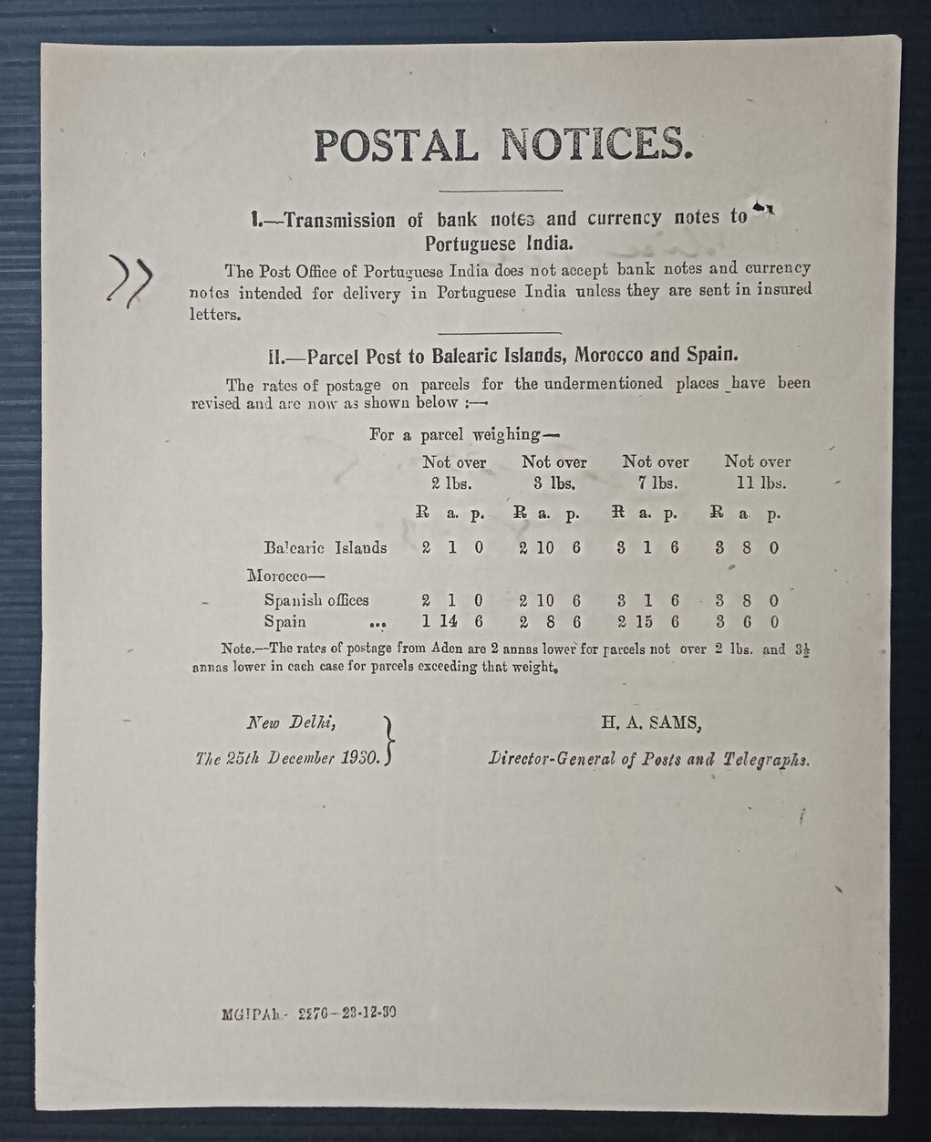 India POSTAL NOTICE 25th Dec 1930 Transmission of Bank notes to Portuguese India