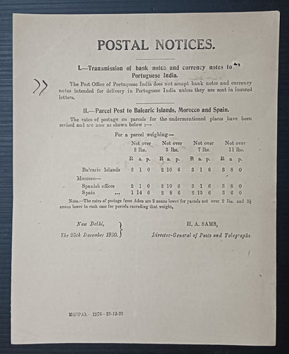 India POSTAL NOTICE 25th Dec 1930 Transmission of Bank notes to Portuguese India