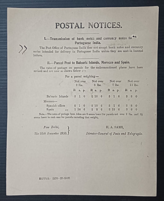India POSTAL NOTICE 25th Dec 1930 Transmission of Bank notes to Portuguese India