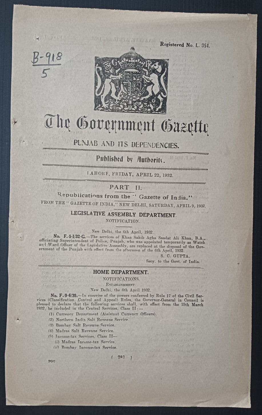 India 1932 The Government Gazette, Punjab British Nationality & Status of Aliens