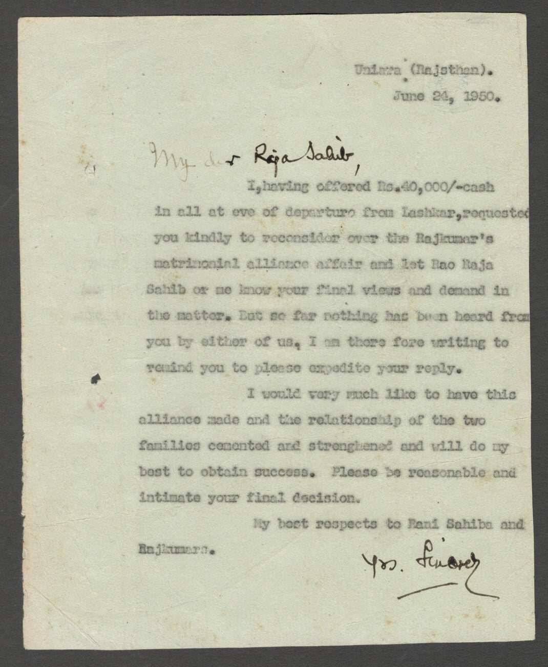 AOP India Uniara State 1950 crested BRIDE DOWRY letter 