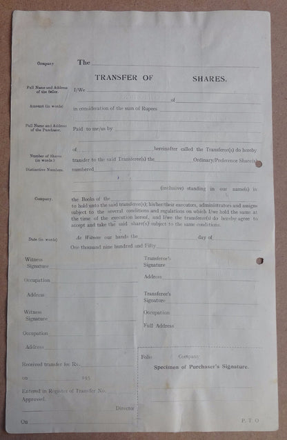 India Jaipur State Share Transfer 5R x 30 on share transfer form
