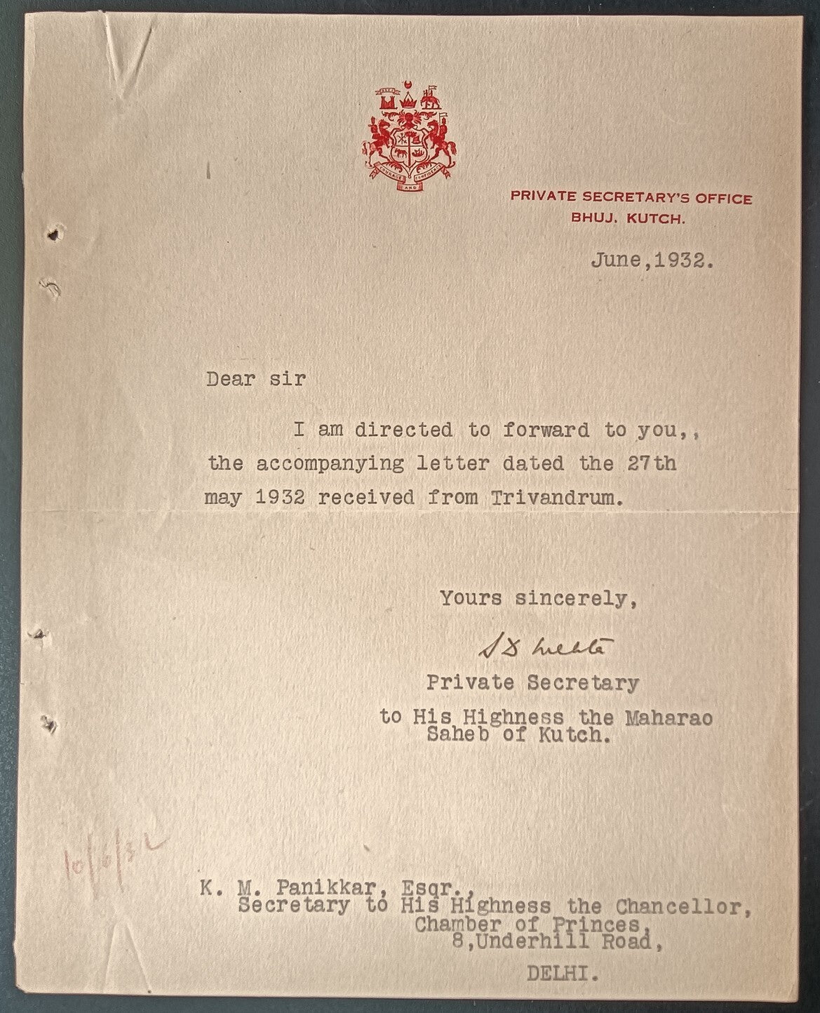 India 1932 crested letter PRIVATE SECRETARY'S OFFICE KUTCH STATE signed
