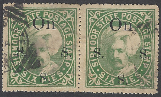 AOP India SIRMOOR STATE 1896-97 6p green used pair. SG 67a £22