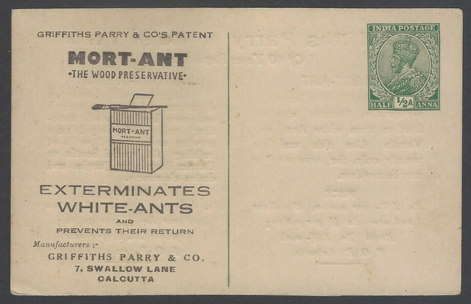 AOPIMT India KGV unused 1/2a postal card with illustrated MORTANT advertisement 