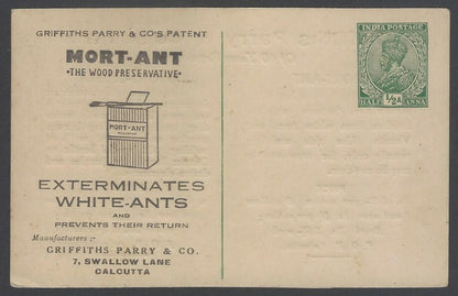 AOPIMT India KGV unused 1/2a postal card with illustrated MORTANT advertisement 