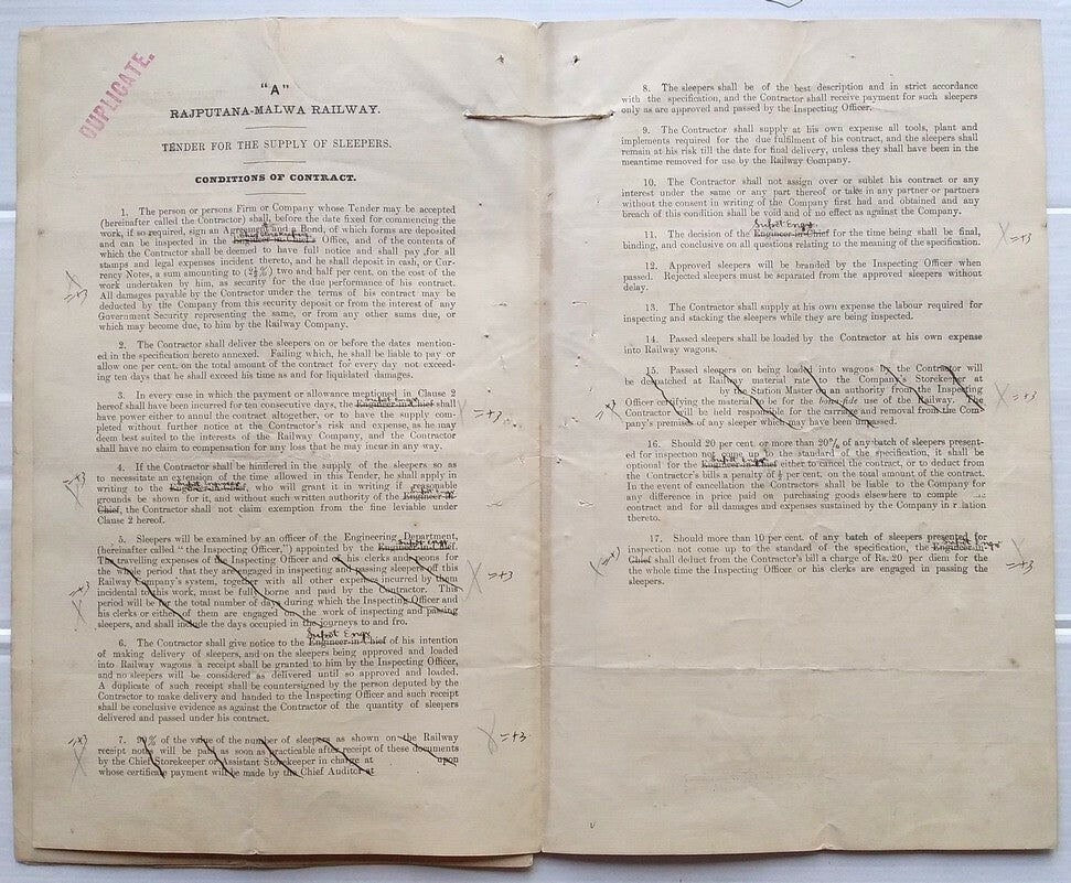 India 1913 BB&CI Railway Agreement with  Rajputana Malwa Railway