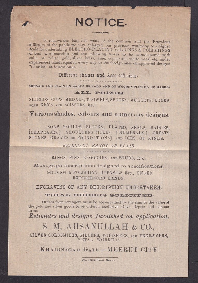 India vintage advertisement leaflet S M Ashanullah, SILVER GOLDSMITHS, Gilders