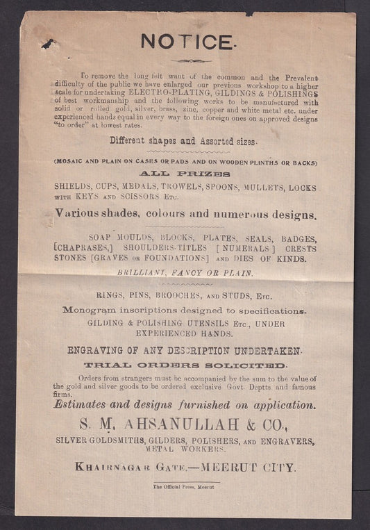 India vintage advertisement leaflet S M Ashanullah, SILVER GOLDSMITHS, Gilders
