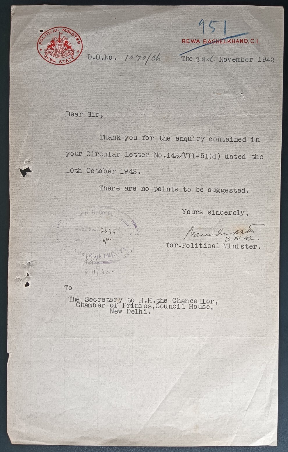 India 1942 crested letter POLITICAL MINISTER / REWA STATE signed