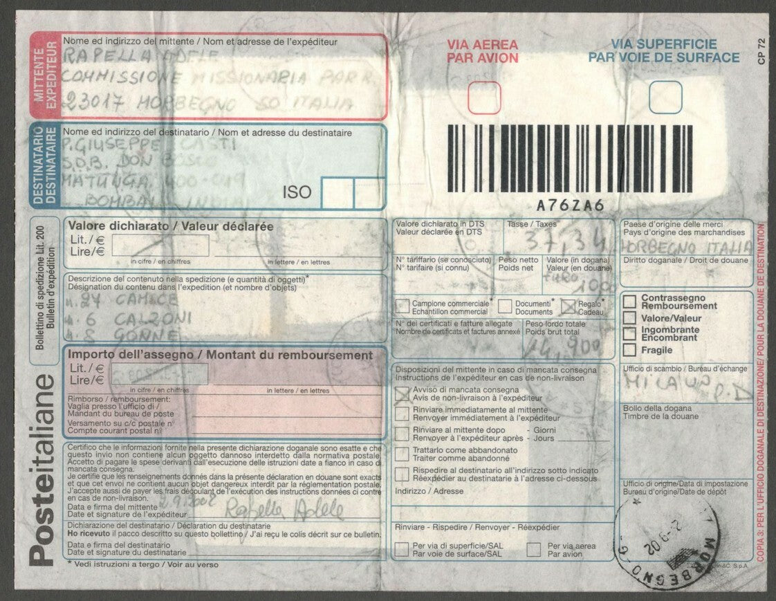 AOP Italy 2001 parcel card to India with a combination of Euro & Lire issues