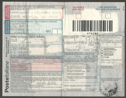 AOP Italy 2001 parcel card to India with a combination of Euro & Lire issues