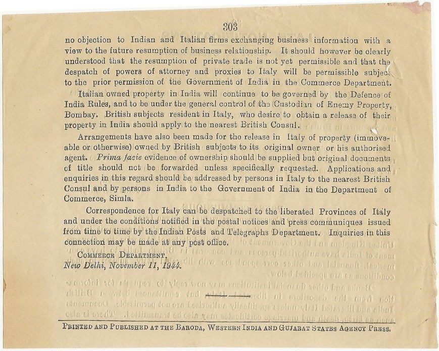 India 1944 gazette: permission to communicate with Liberated Italy