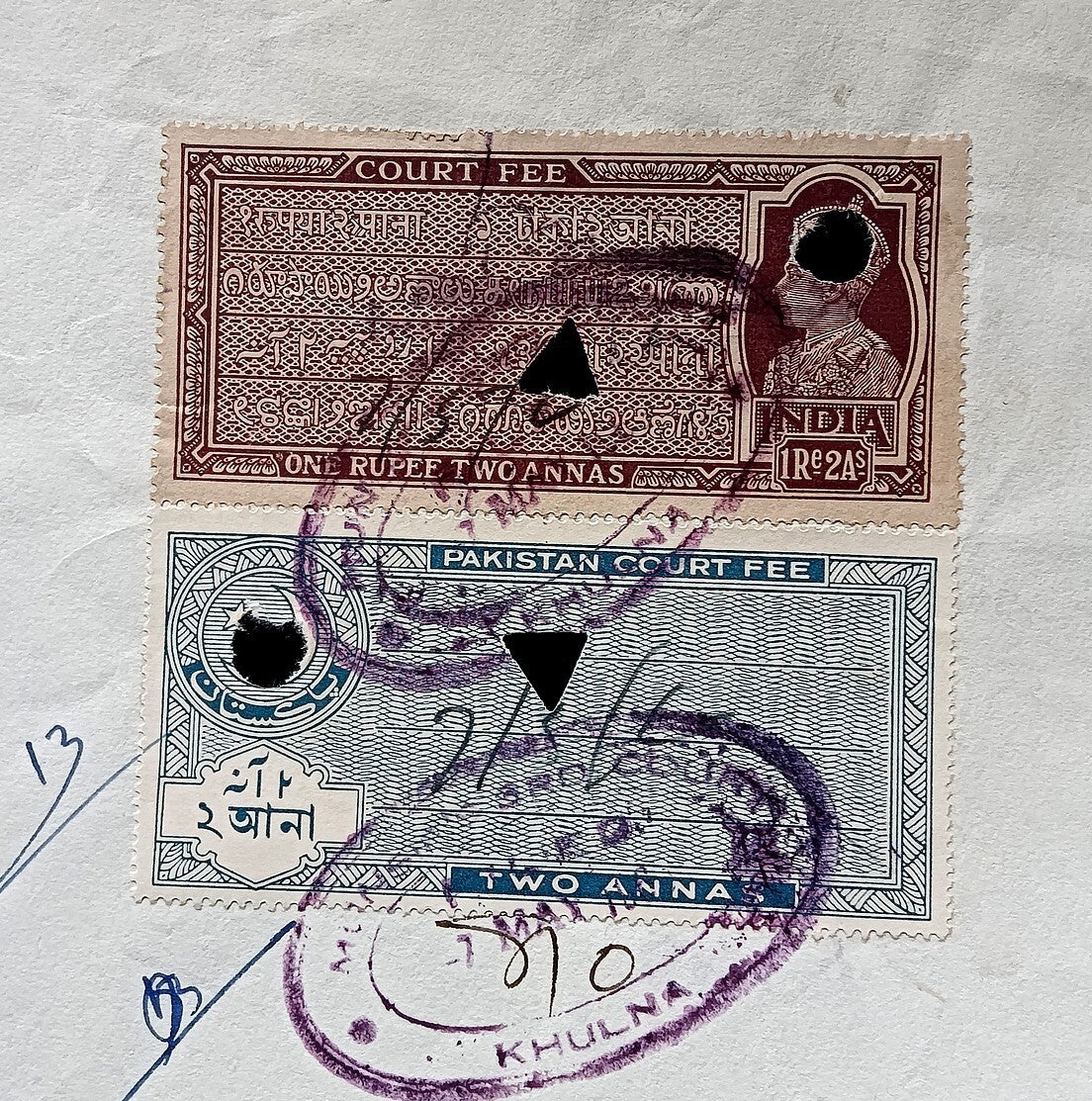 Court Fees India KGVI 1R2a + Pakistan 2a combination on 1954 document