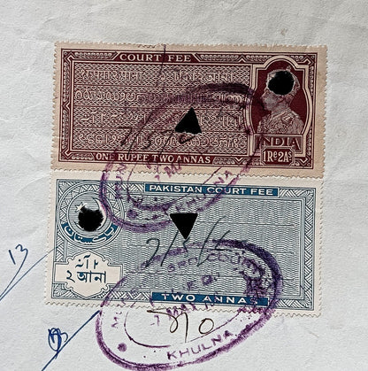 Court Fees India KGVI 1R2a + Pakistan 2a combination on 1954 document
