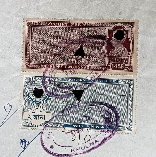 Court Fees India KGVI 1R2a + Pakistan 2a combination on 1954 document