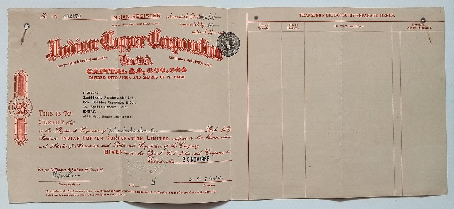 India INDIAN COPPER CORPORATION 1966 share certificate