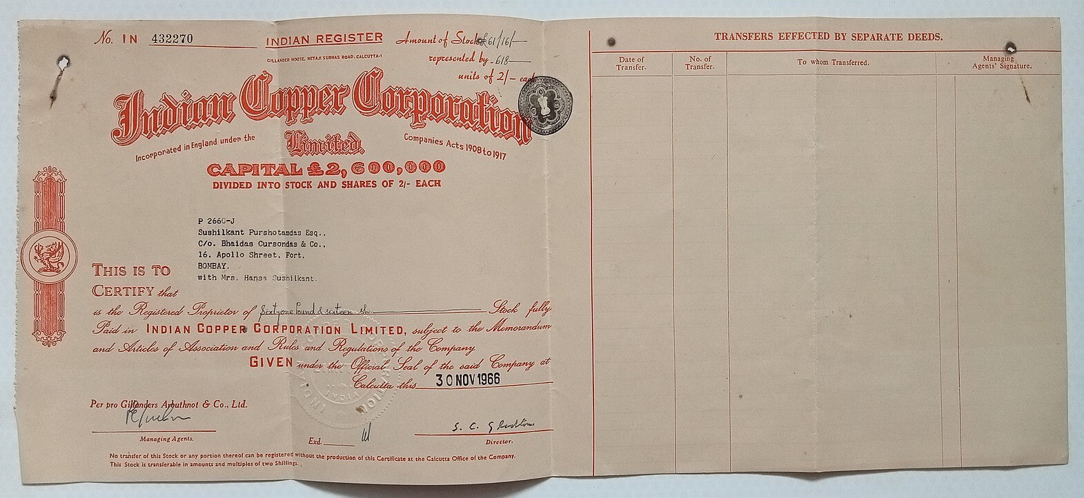 India INDIAN COPPER CORPORATION 1966 share certificate