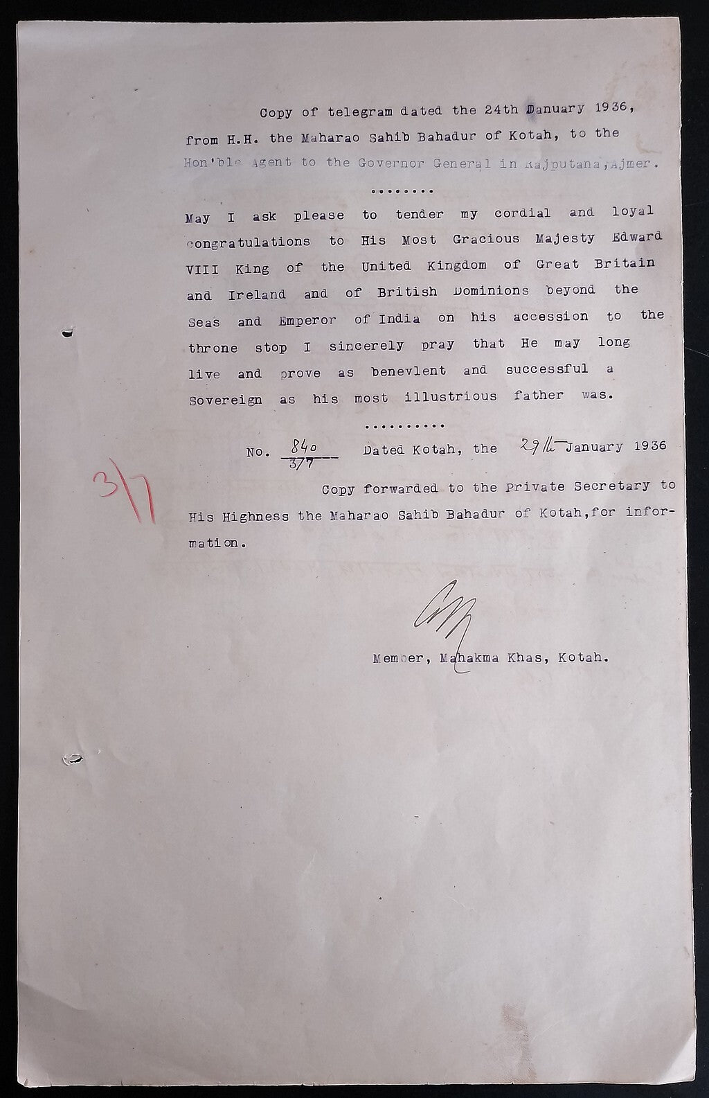 AOP India 1936 signed telegram copy - Congratulation Coronation KEdVIII