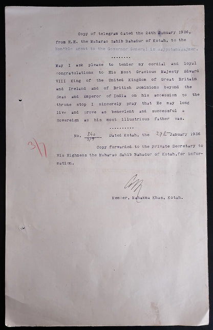 AOP India 1936 signed telegram copy - Congratulation Coronation KEdVIII