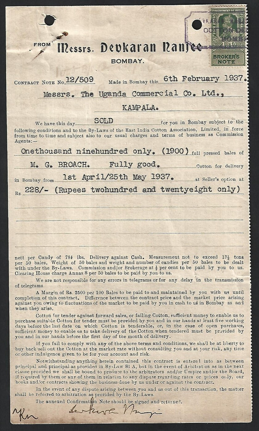 Uganda Commercial 1937 CONTRACT NOTE 1900 bales Cotton with India revenue stamp