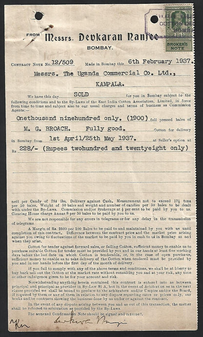Uganda Commercial 1937 CONTRACT NOTE 1900 bales Cotton with India revenue stamp