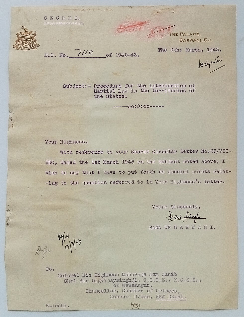BARWANI STATE India 1943 crested Secret letter signed Raja Devi Singh
