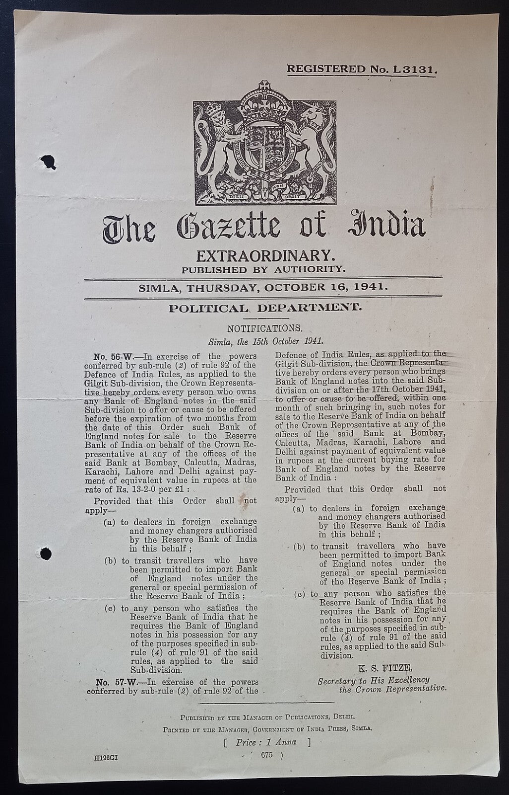 Gazette of India WW2 1941 ordering the surrender of all Bank of England notes