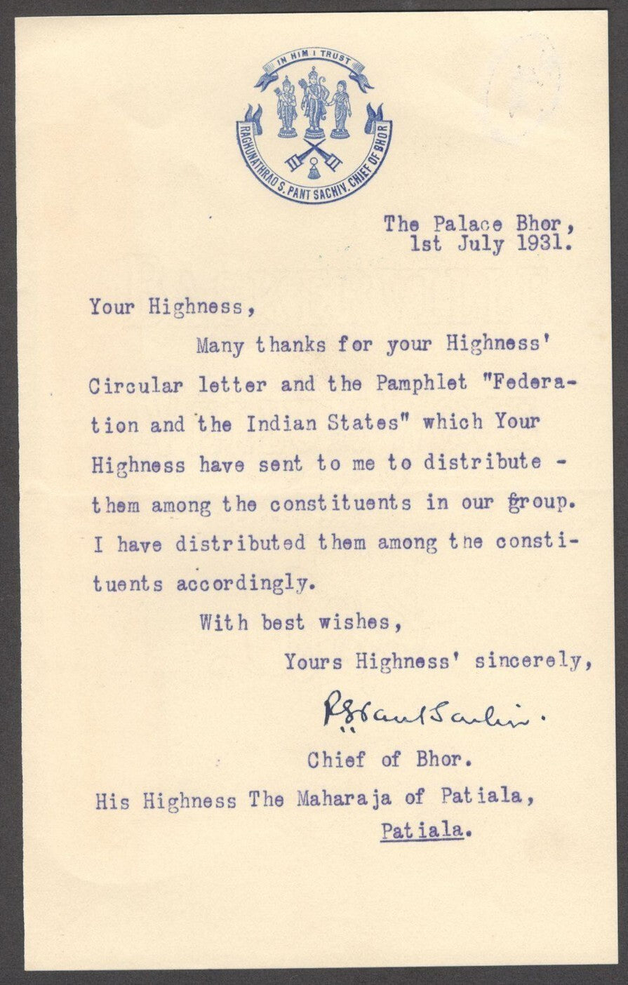 India 1935 crested letter signed Ruler of BHOR Pant Sachiv Raghunath Rao II