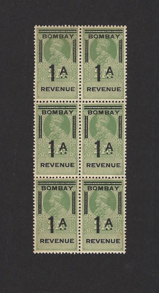 India KGV BOMBAY 1a revenue ovpt on Entertainment Tax MNH block of 6