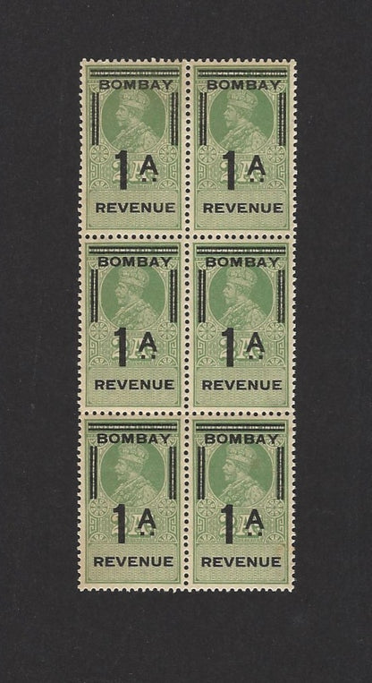 India KGV BOMBAY 1a revenue ovpt on Entertainment Tax MNH block of 6