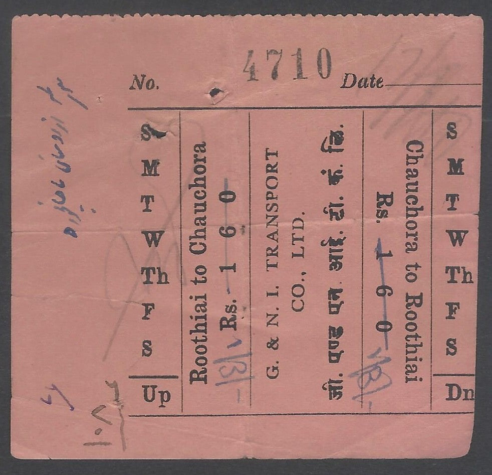 AOP India G&N.I.T. Co. Ltd. Bus ticket 1920s Roothiai to Chauchora